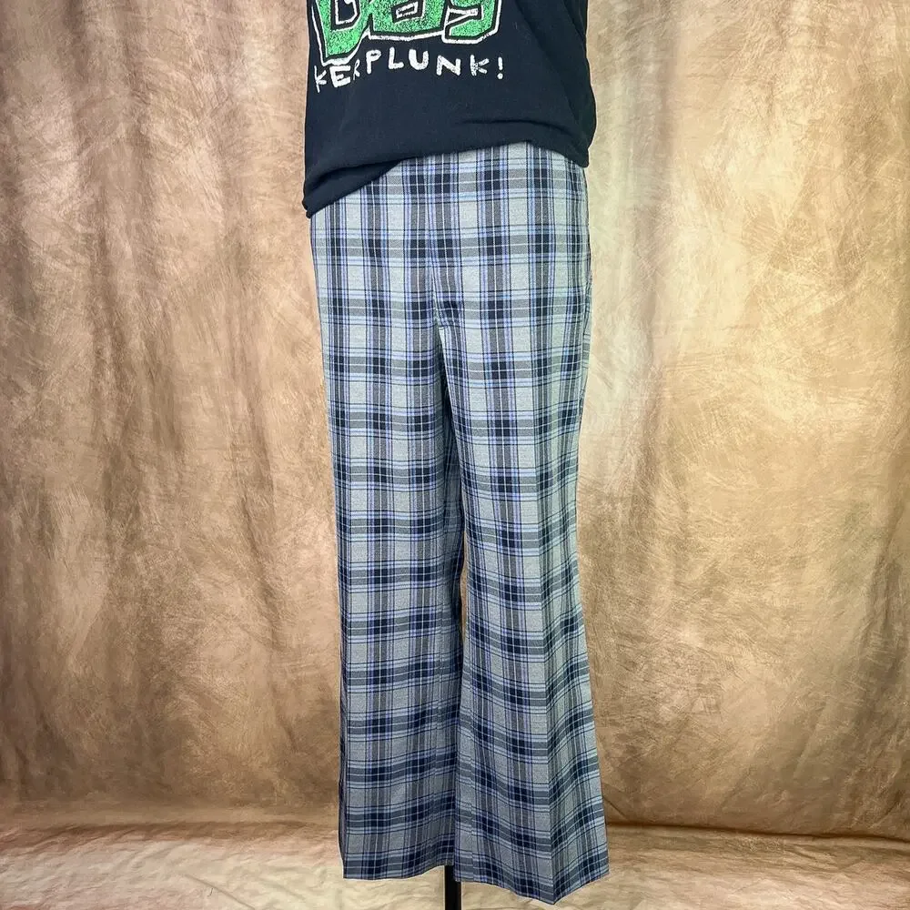 Vintage 70s Plaid Pants Blue Gray Slacks Relaxed Retro Academia Disco Teacher